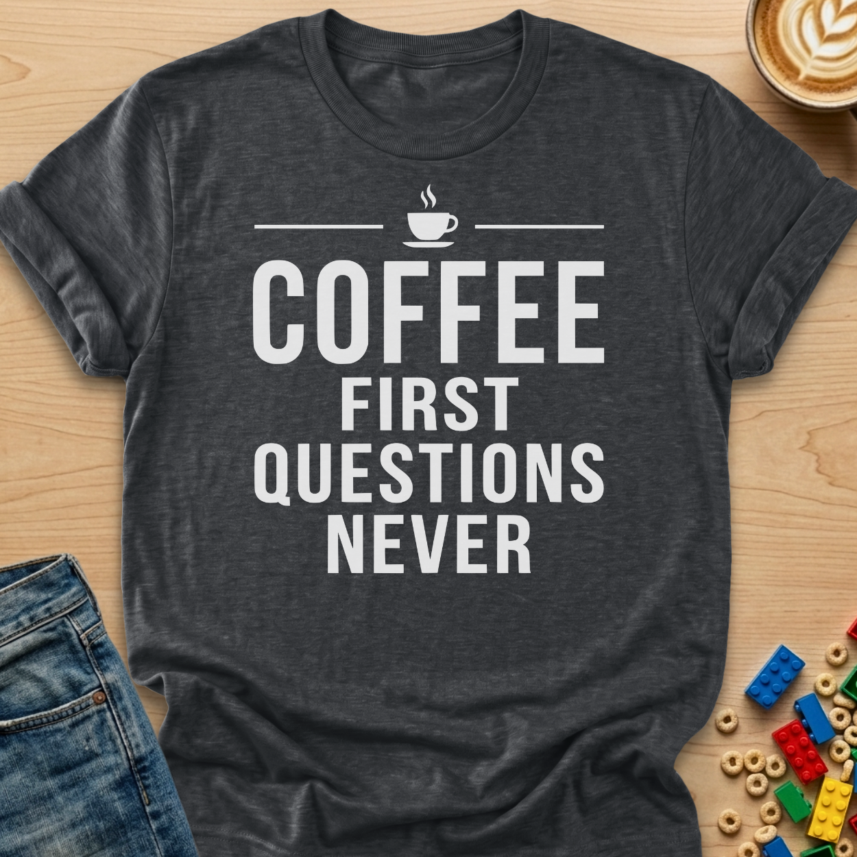 Coffee First Questions Never Bold T-Shirt