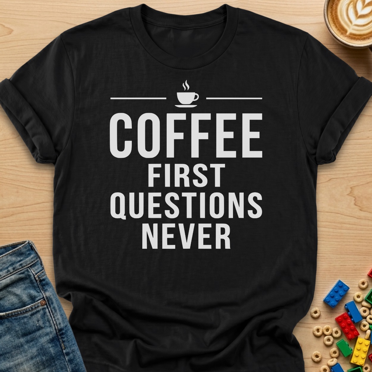 Coffee First Questions Never Bold T-Shirt